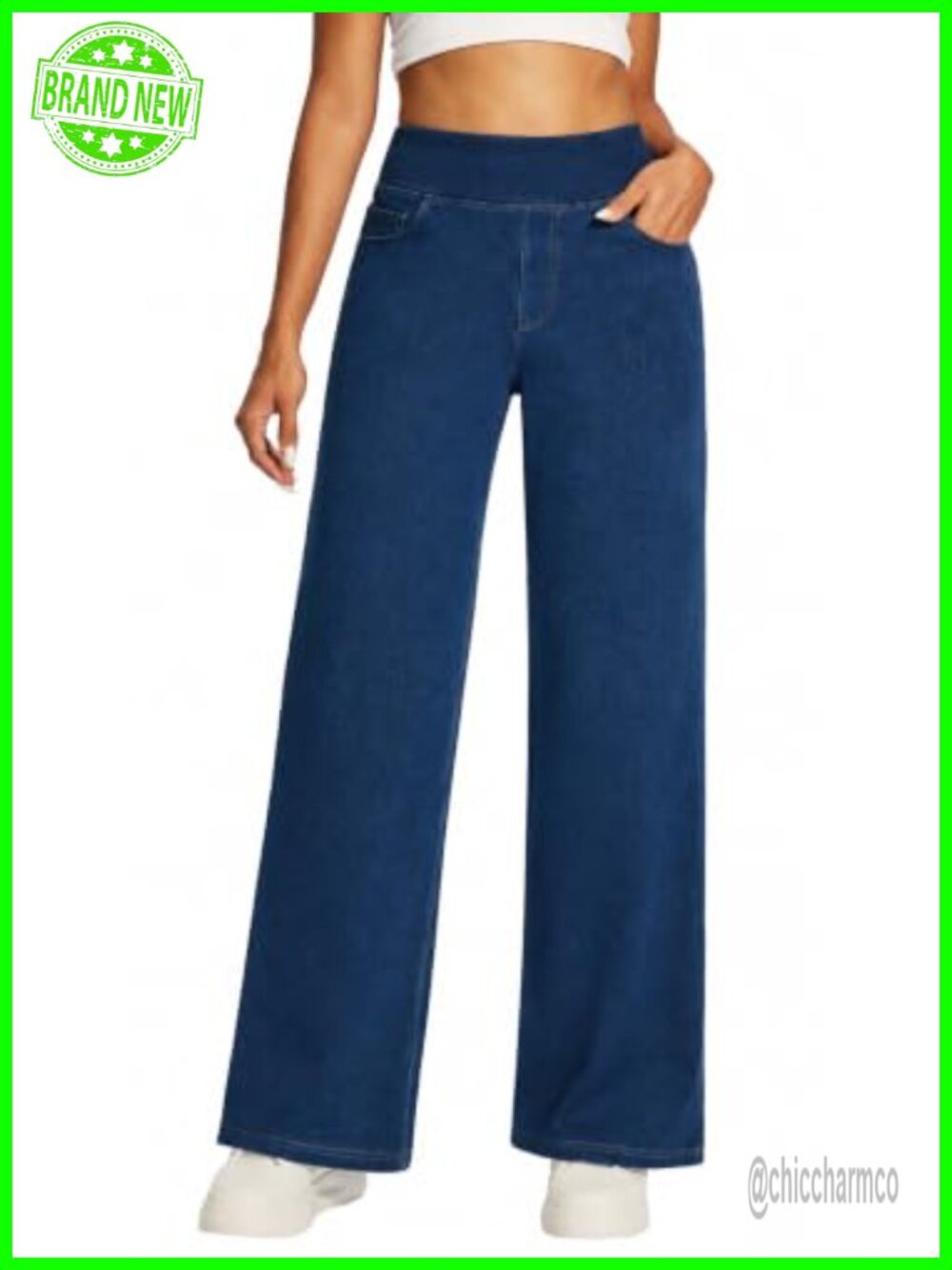 Wide Leg Pull On Jeans High Waist Stretchy Denim 5 Pocket